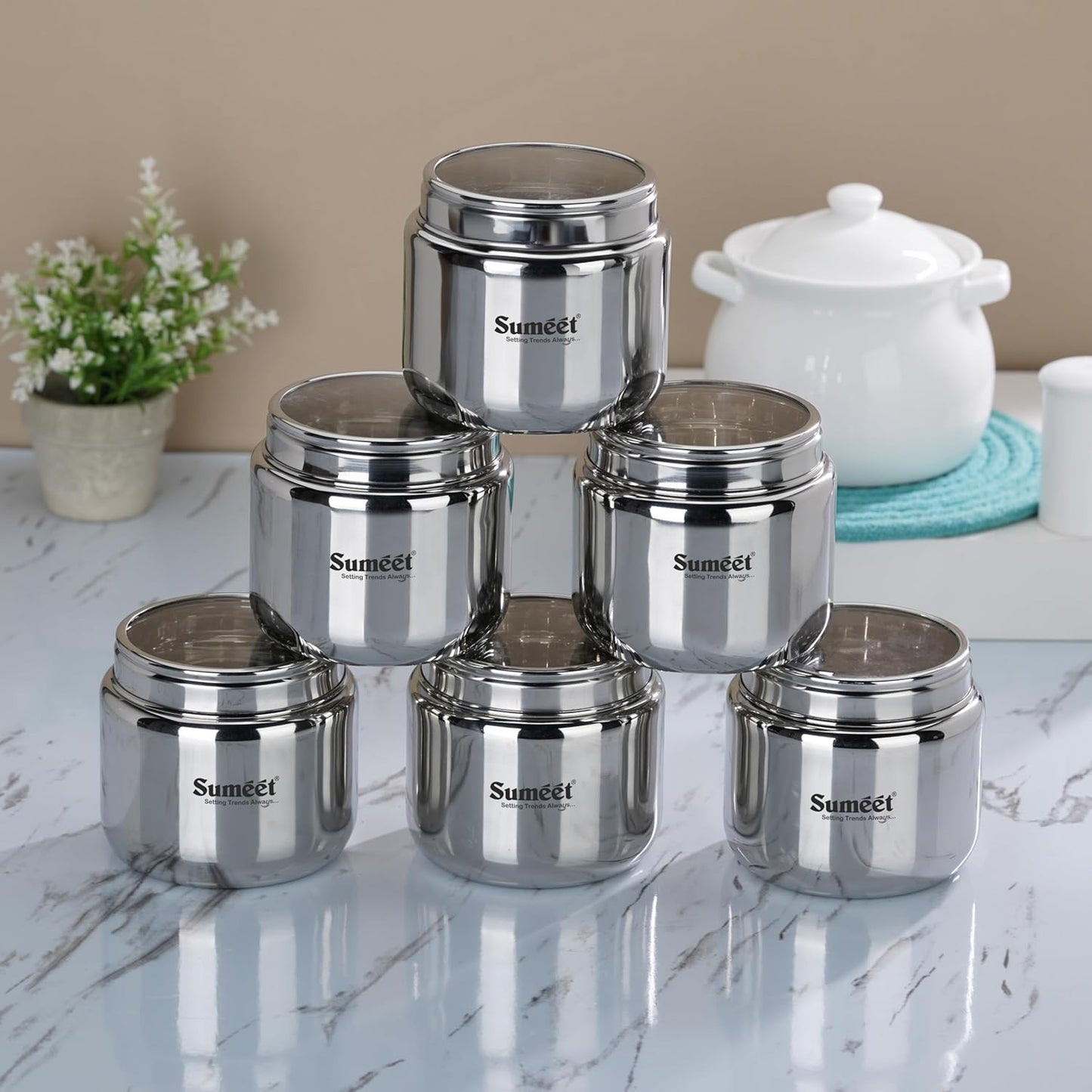Sumeet Stainless Steel Small Canisters/Dabba/Storage Containers for Kitchen with Lid, Set of 6 Pcs, 400ml Each, 9cm Dia, Silver