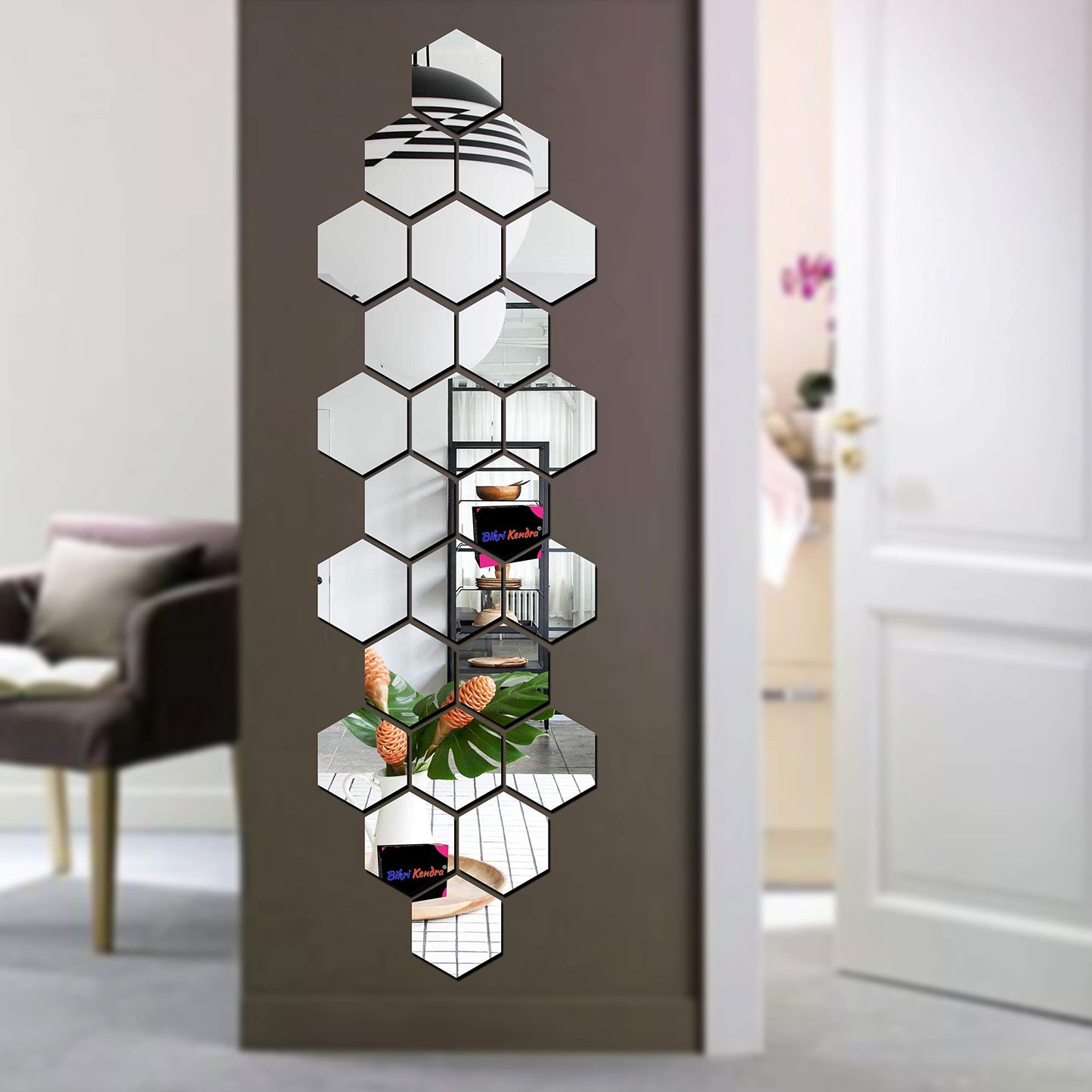Hexagon Acrylic Wall Mirror Stickers - Decorative 24 cm Silver - Modern Design for Smooth Surfaces