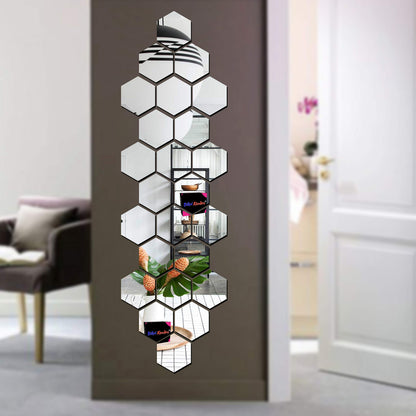 Hexagon Acrylic Wall Mirror Stickers - Decorative 24 cm Silver - Modern Design for Smooth Surfaces