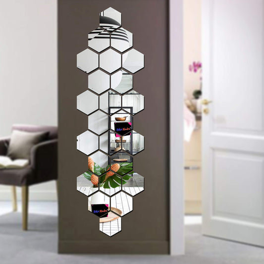 Hexagon Acrylic Wall Mirror Stickers - Decorative 24 cm Silver - Modern Design for Smooth Surfaces