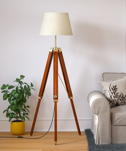 LED Floor Lamp Adjustable Height Wooden Tripod Design Brown Polished Brass 5Ft
