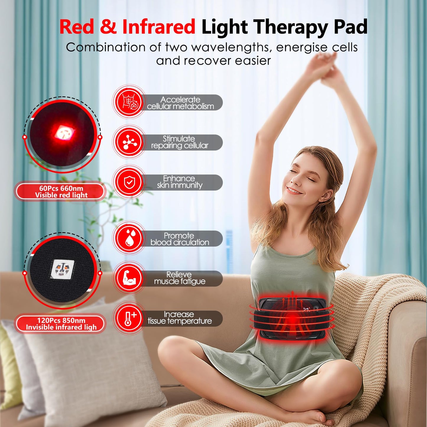 Red Light Therapy Belt with 660nm & 850nm LEDs, 30 Min Timer, Detachable Washable Pad for Back & Shoulder