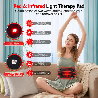 Red Light Therapy Belt with 660nm & 850nm LEDs, 30 Min Timer, Detachable Washable Pad for Back & Shoulder