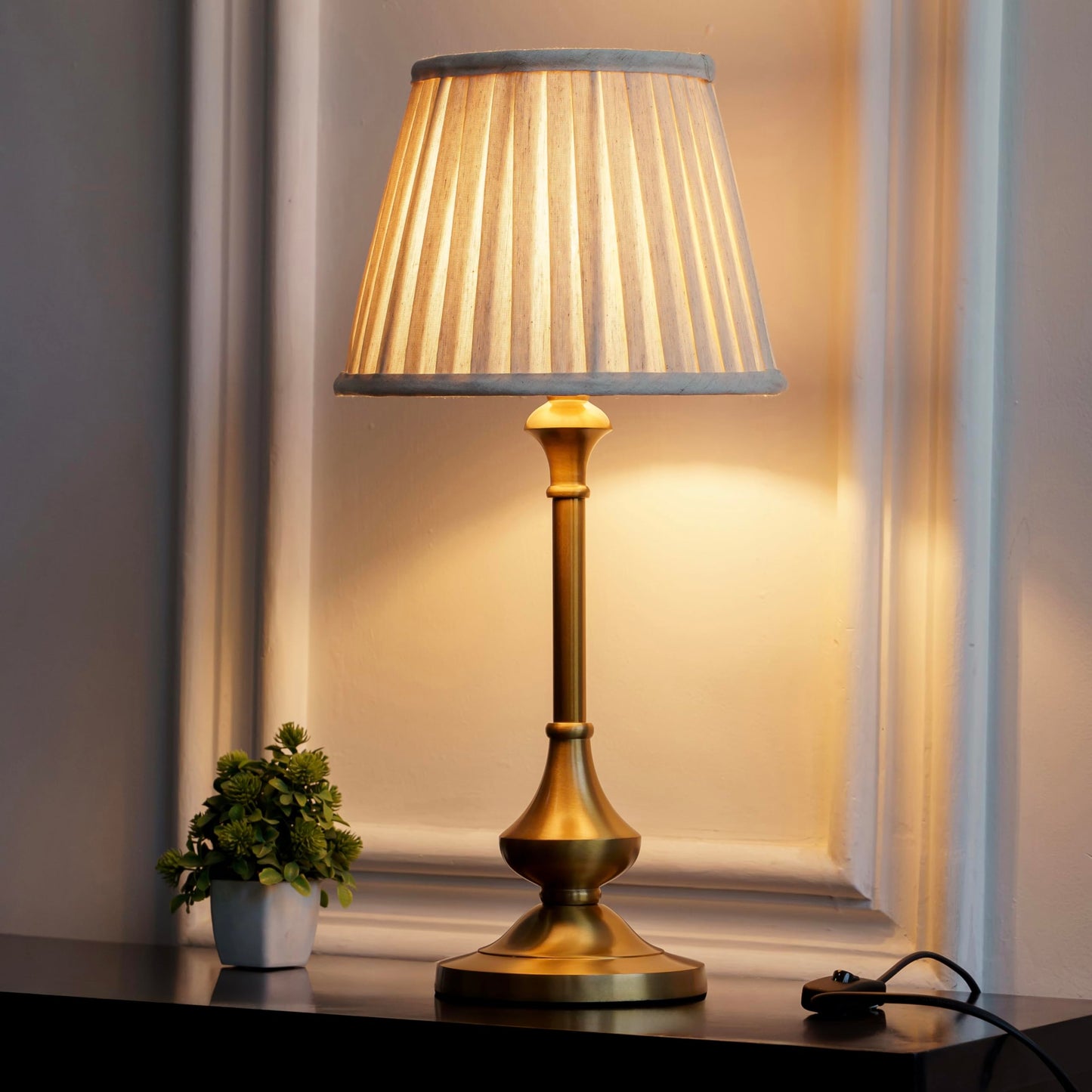 Table Lamp Antique Brass Gold Finish 10 Inch Off White Lampshade LED
