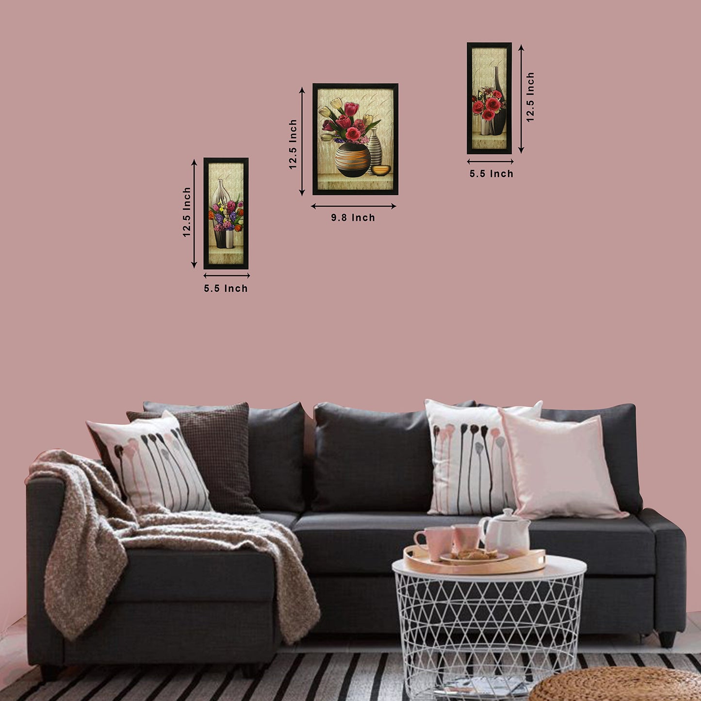 Floral Canvas Paintings Set of 3 - Multicolour - 5.2 x 12.5 Inch, 9.5 x 12.5 Inch - Lightweight