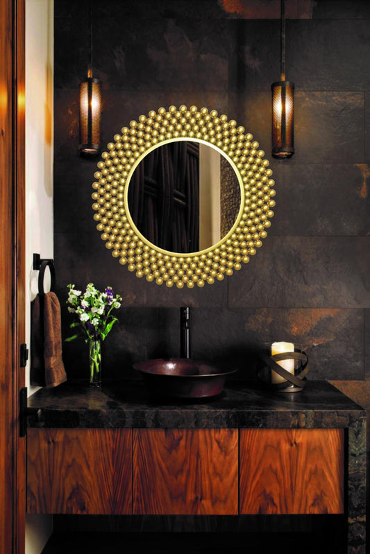 Round Wall Mirror with Decorative Bobble Frame in Gold - 24 inch Metal Design