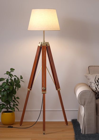 LED Floor Lamp Adjustable Height Wooden Tripod Design Brown Polished Brass 5Ft