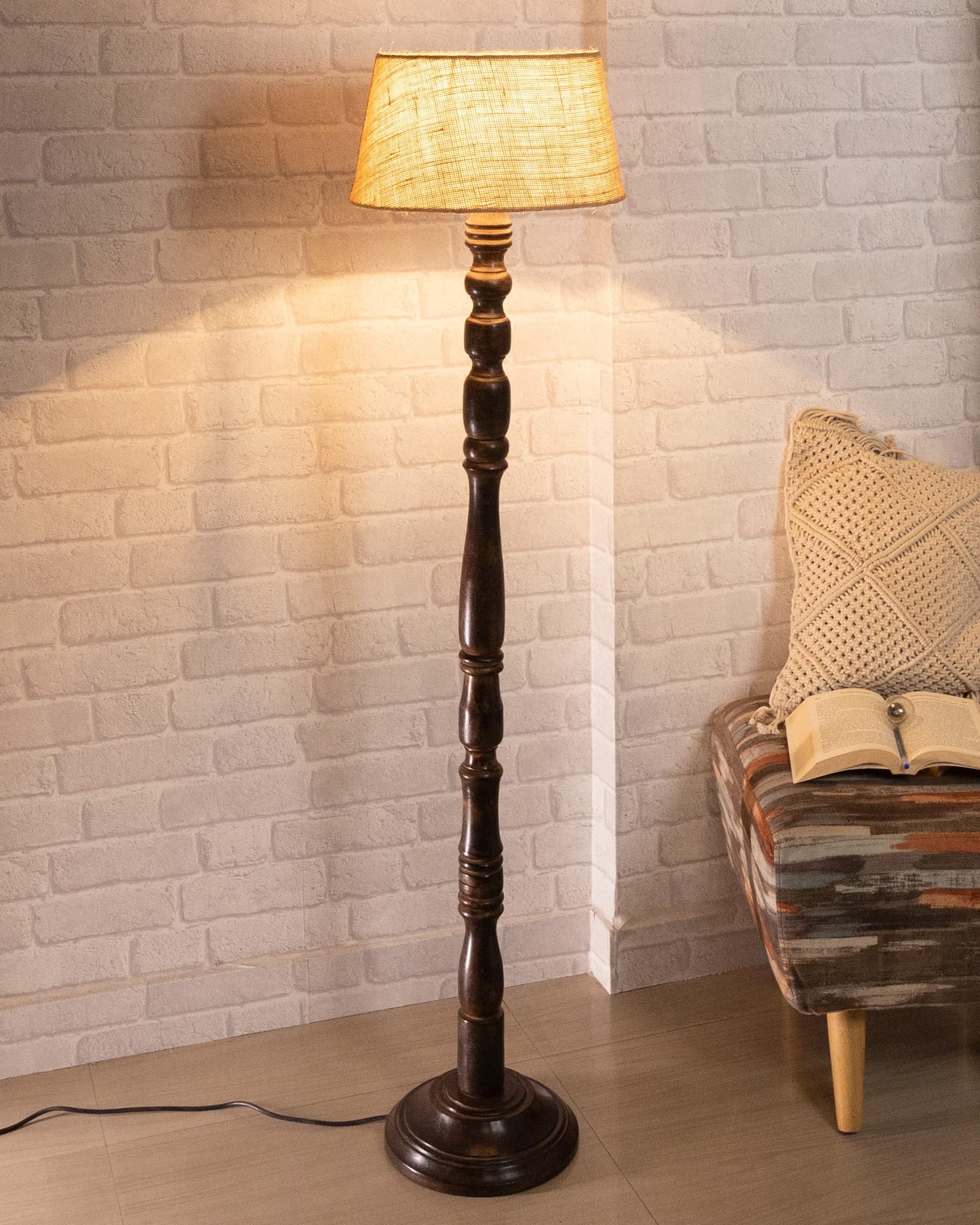 Decorative Floor Lamp with Adjustable Height - Wooden, Black Finish - 33x33x145 cm