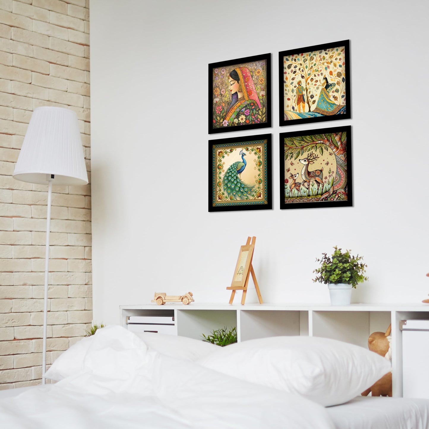 Wall Painting Set of 4 - Traditional Madhubani & Rajasthani Pichwai Art - 22cm Wooden Panels