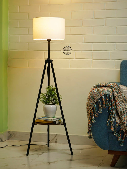Metal Floor Lamp with Decorative Shelf - Black Powder Coated - LED Bulb Included