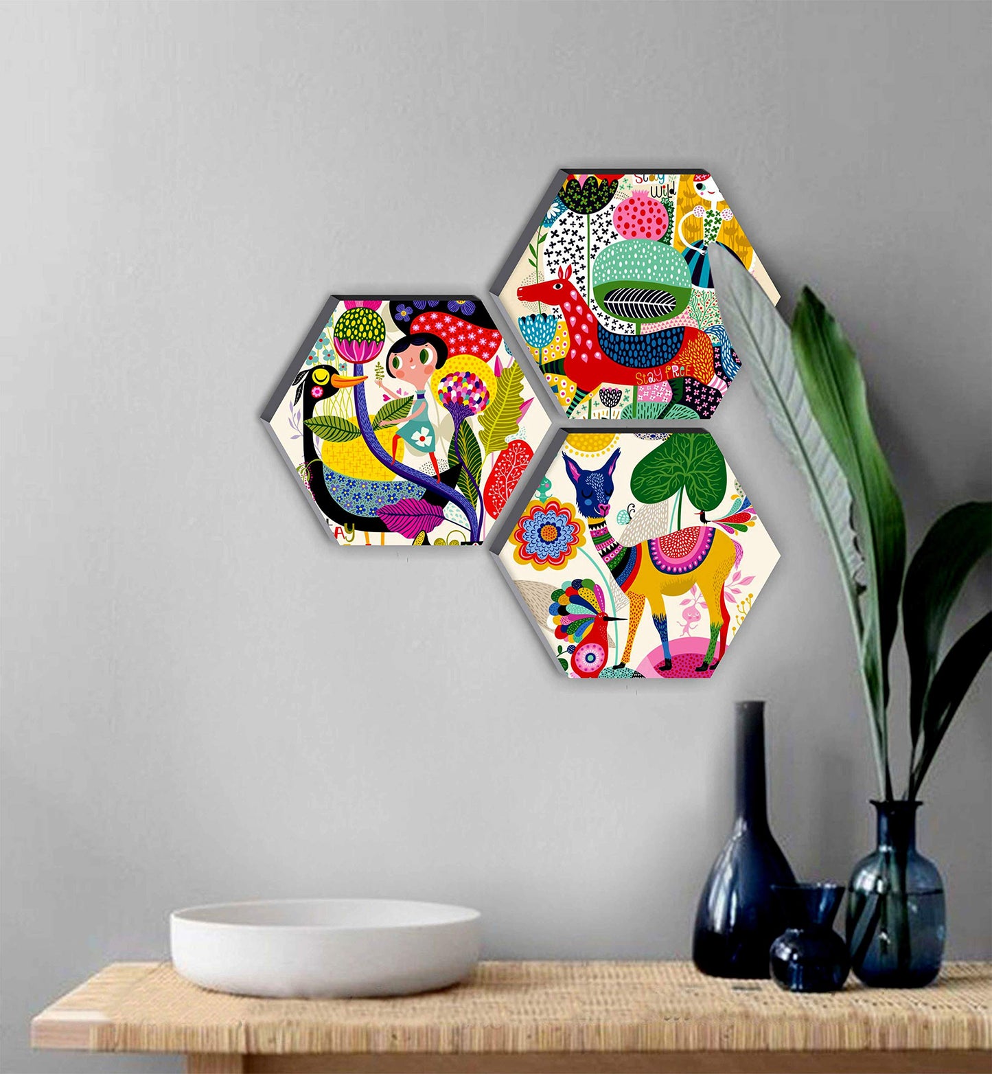 Wall Painting Set of 3 Modern Art Hexagon 6mm MDF 12 Inch x 12 Inch Abstract Design