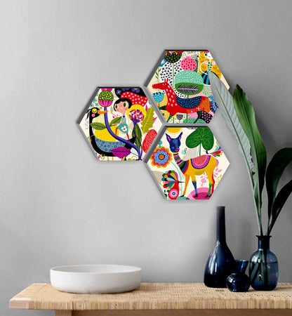 Wall Painting Set of 3 Modern Art Hexagon 6mm MDF 12 Inch x 12 Inch Abstract Design