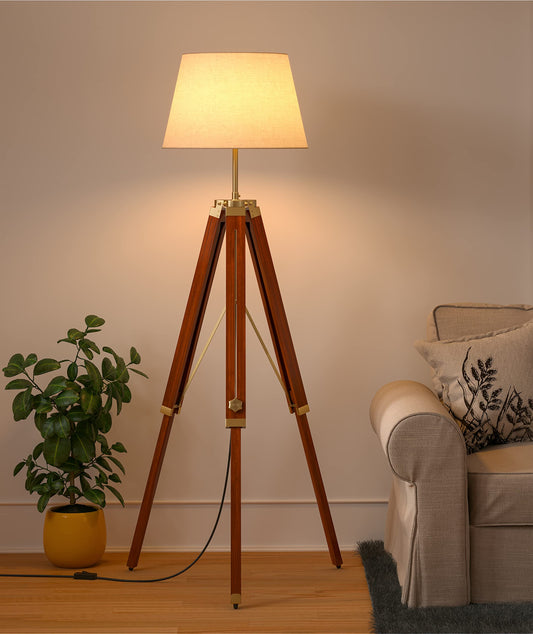 LED Floor Lamp Adjustable Height Wooden Tripod Design Brown Polished Brass 5Ft