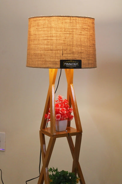 Floor Lamp with Jute Drum Shade 11 x 12 Inch - Wooden Finish - Easy Installation