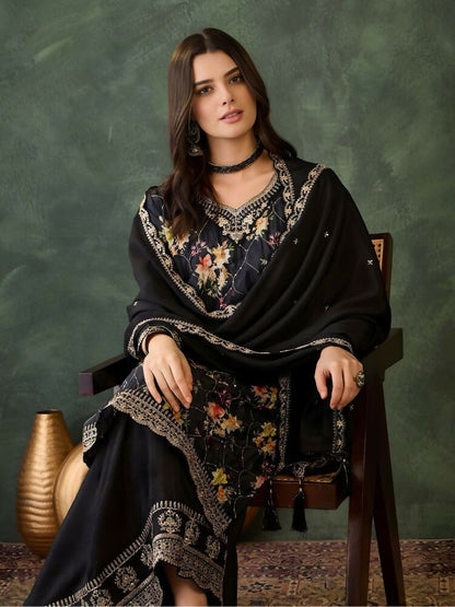 The52 Women's Gorgeous Embroidery Chinon Fabric Straight Kurta Palazzo and Dupatta Set