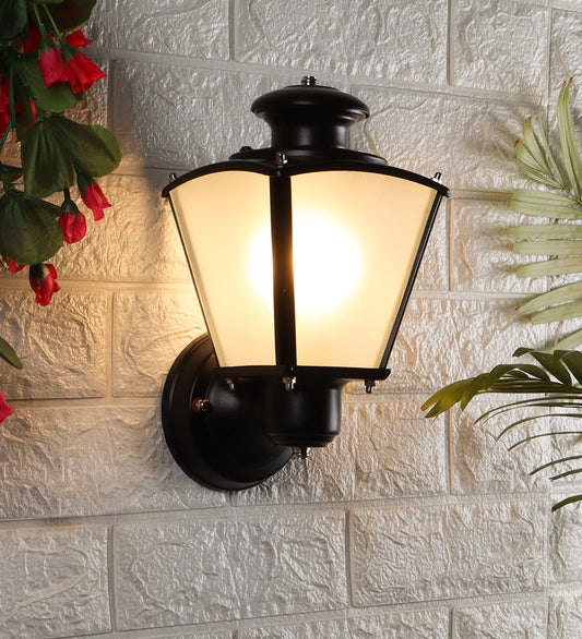 Traditional Outdoor Wall Light - Vertical Design - Metal & Frosted Glass - Black Finish - 14L x 14W x 22.9H CM