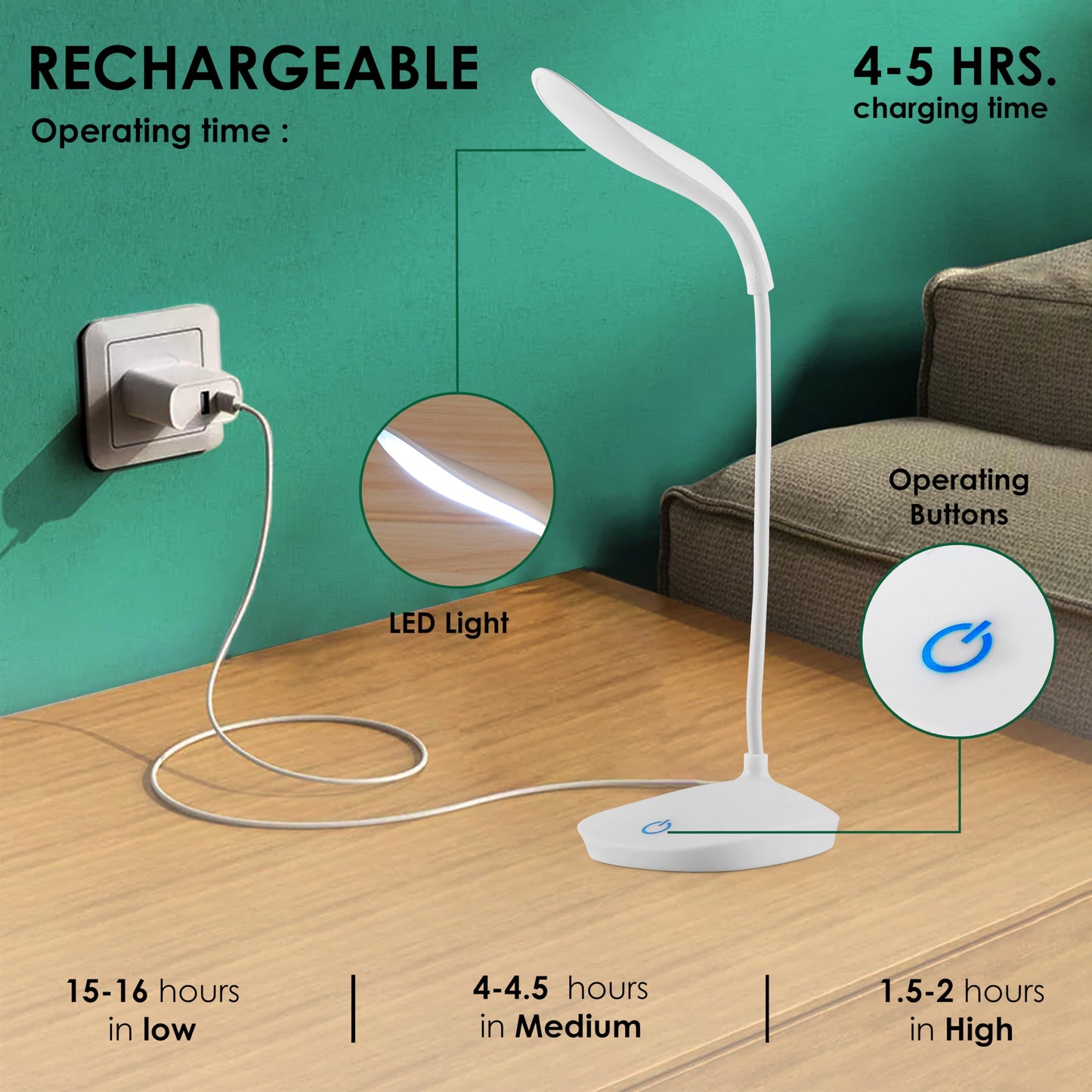 LED Table Lamp with 3 Brightness Levels - White - Rechargeable - Minimalist Design - Portable Study Light
