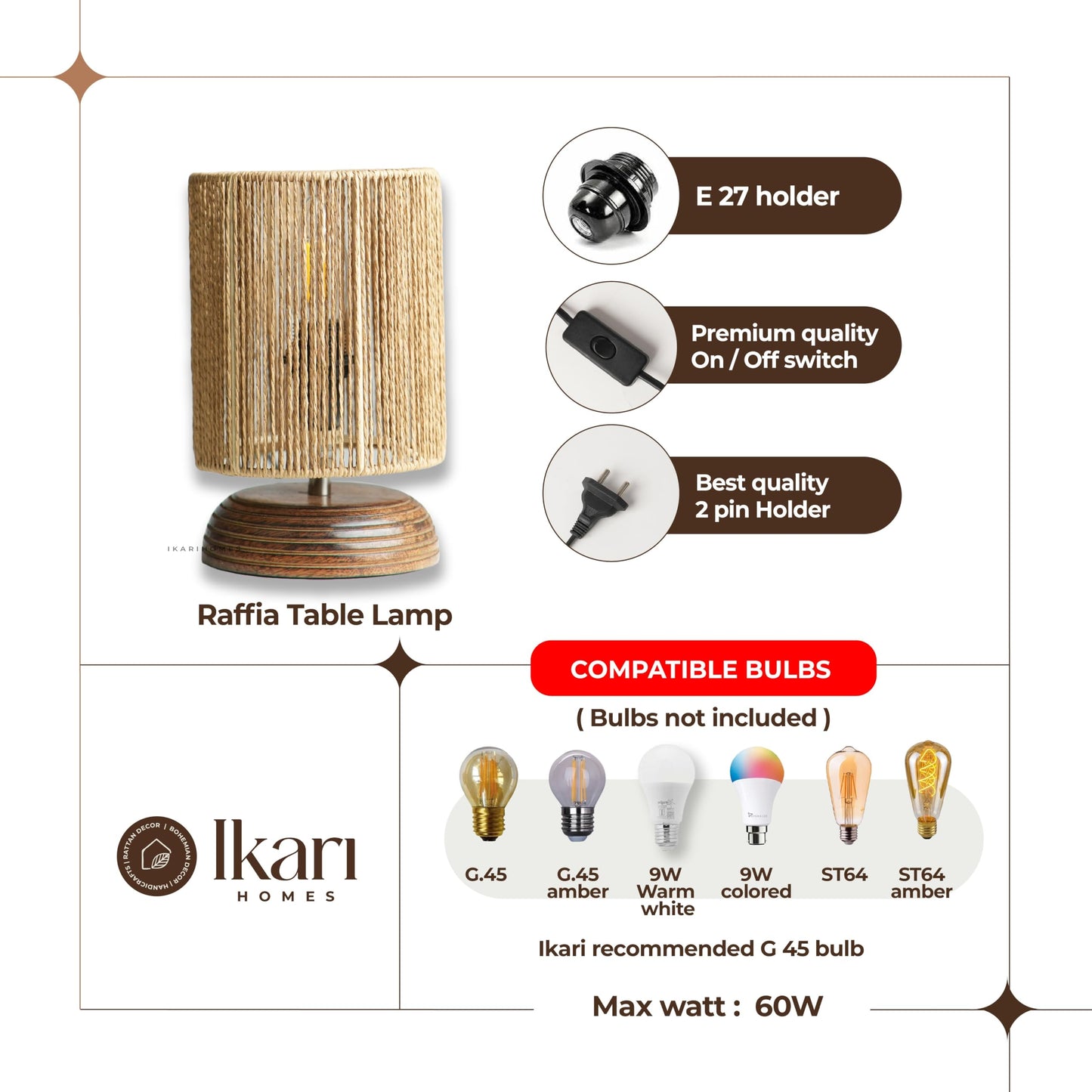 Table Lamp Boho Raffia Shade Wooden Base 21.5 x 12.9 cm Brown