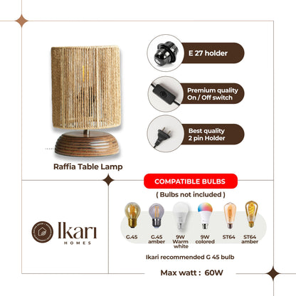 Table Lamp Boho Raffia Shade Wooden Base 21.5 x 12.9 cm Brown