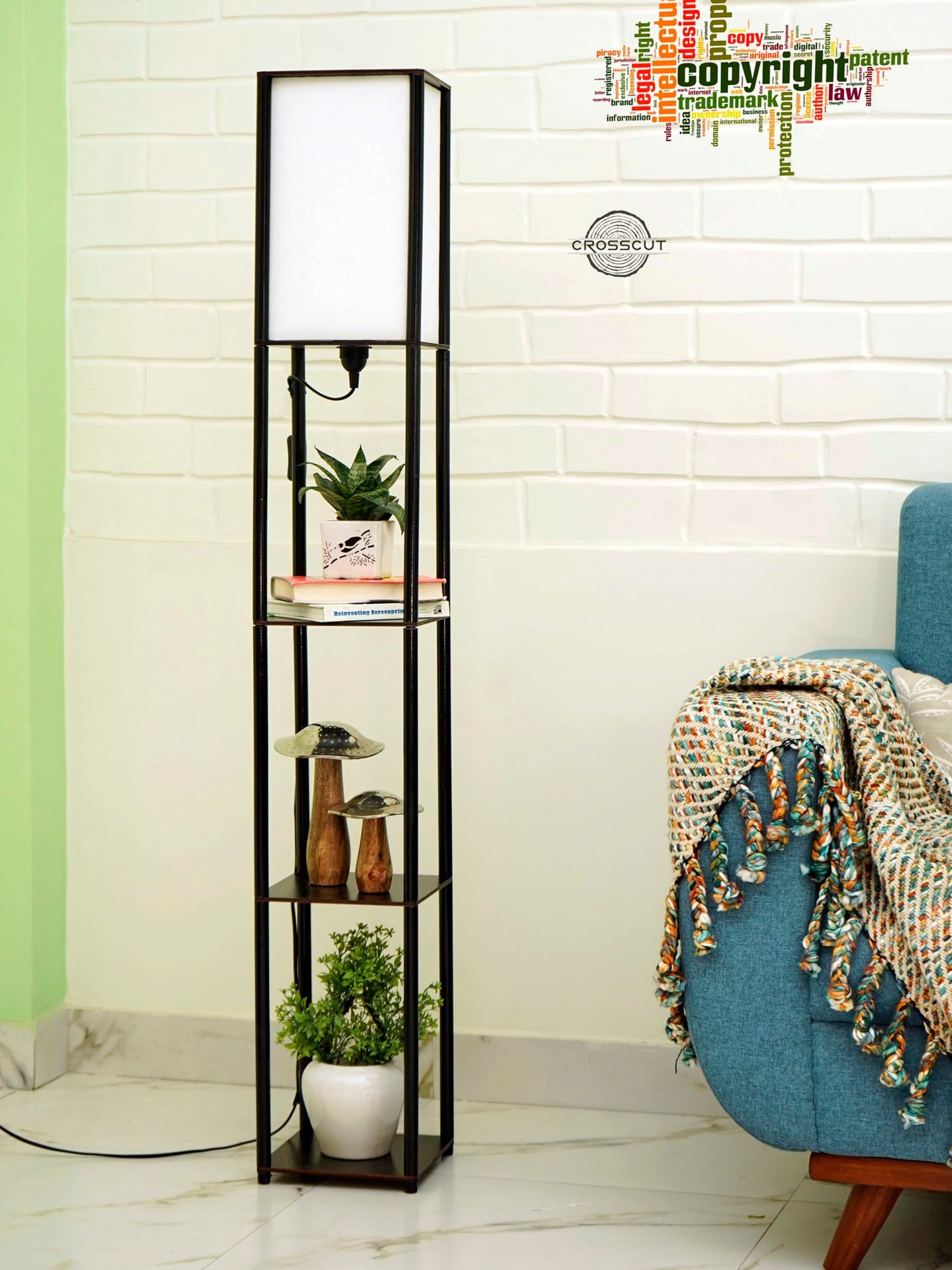 Floor Lamp with Shelf - Modern Design - Wood and Metal - Cotton White - LED Compatible