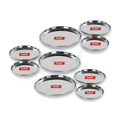 Sumeet Stainless Steel Heavy Gauge Multi Purpose Plates with Mirror Finish Set of 9pc (Dia - 17cm, 22cm,27.5cm)