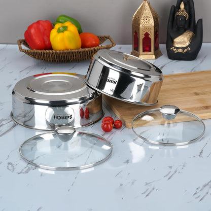 Sumeet Stainless Steel Casserole with Glass Lid | 2 Pieces - 1 Ltr & 1.6 Ltr