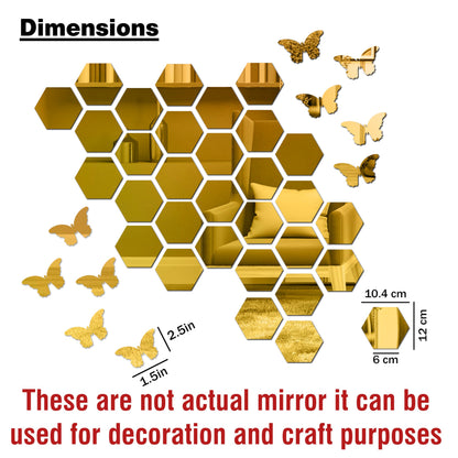 Hexagonal Wall Mirror Set with Butterfly Stickers - Golden Acrylic - 15 cm Diameter - 30 Mirrors & 10 Butterflies