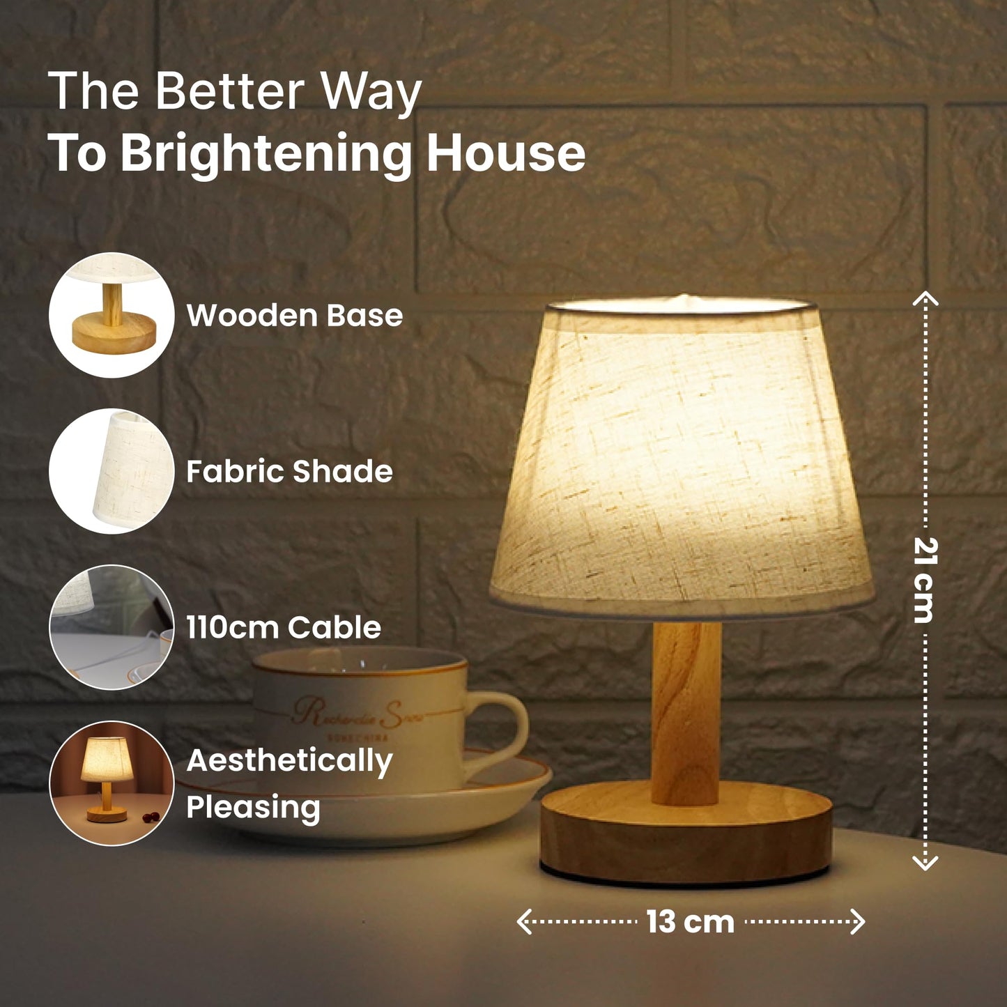 LED Table Lamp with Dimmable Functionality, Wooden Base & Fabric Shade, 21cm