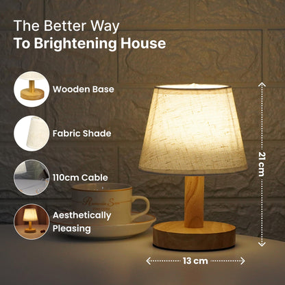 LED Table Lamp with Dimmable Functionality, Wooden Base & Fabric Shade, 21cm