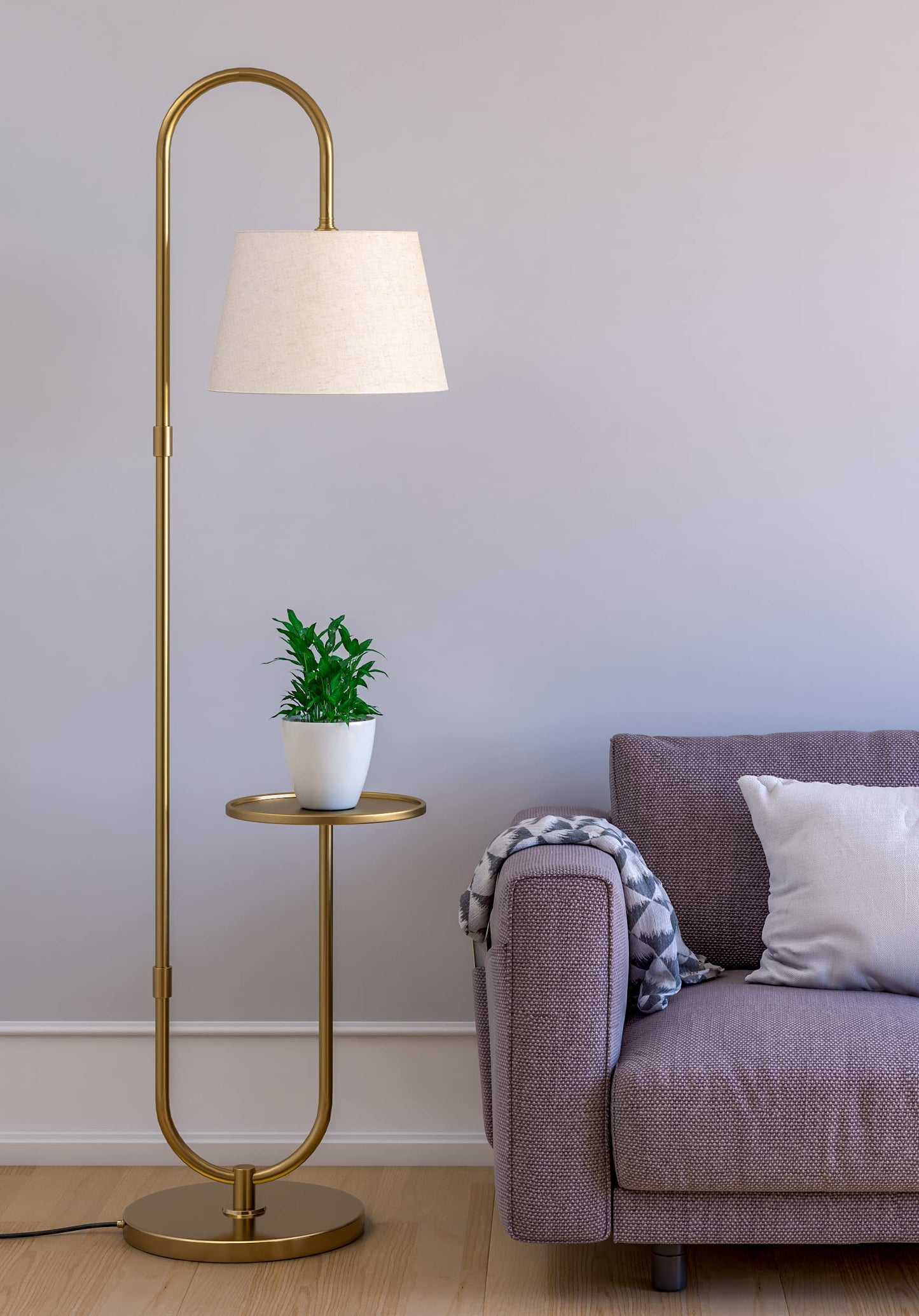 Floor Lamp with Shelf LED Lighting Brass Antique Finish 5ft Height 10 Inch Diameter Off White Shade