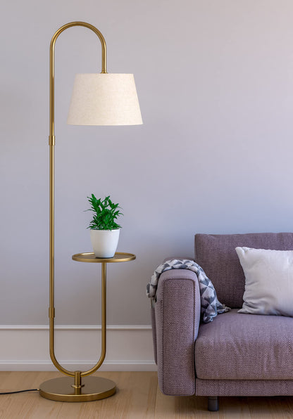 Floor Lamp with Shelf LED Lighting Brass Antique Finish 5ft Height 10 Inch Diameter Off White Shade