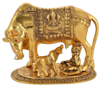 BRIJ HAAT Kamdhenu Cow and Calf Metal Showpiece for Home Decoration and Decorative Gift Item @17cm Gold