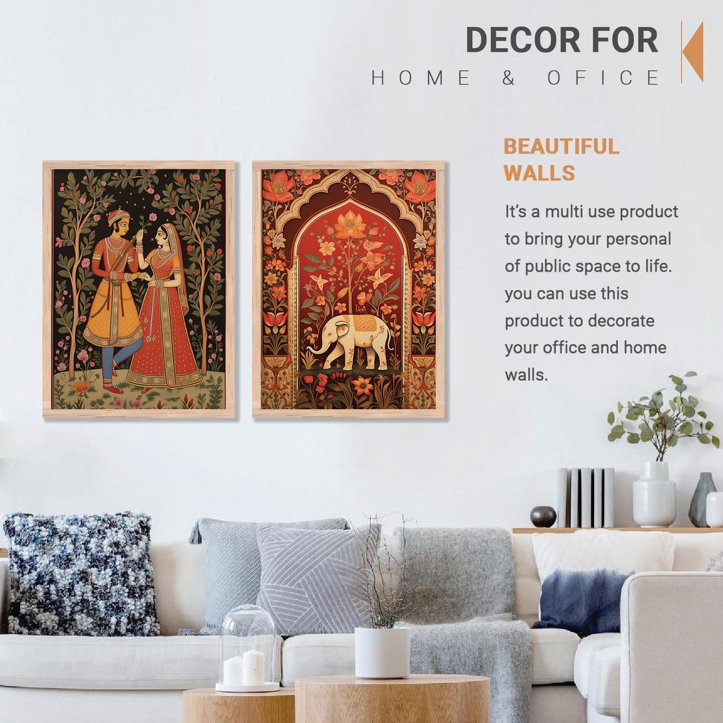 Framed Madhubani Art Painting Set of 2 - Traditional Rajasthani Style - 10 inch x 13 inch - Engineered Wood Frame