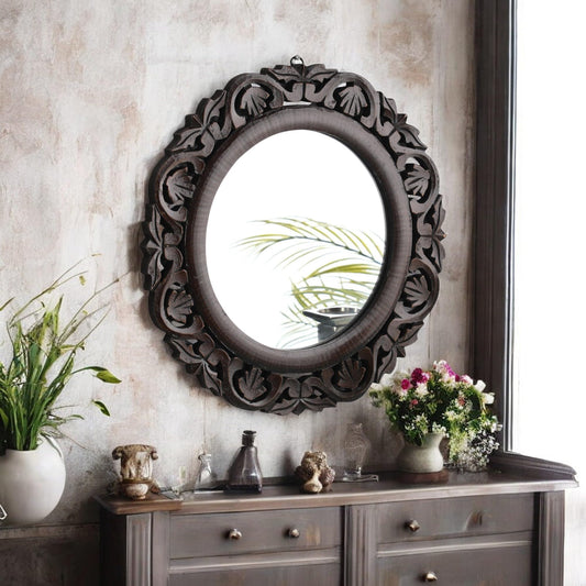 Wall Mirror Floral Carving Wooden Brown 41x41x1.5 cm Handcrafted French Style