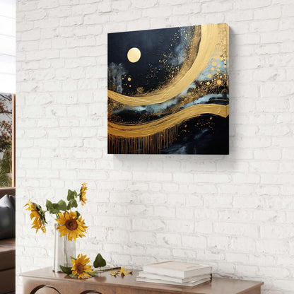 Wall Painting 3D Textured Gold Moon Night Sky Canvas 16 Inch x 16 Inch Navy Blue