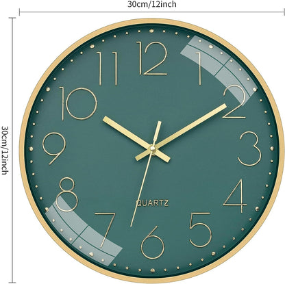 Wall Clock 12 Inch Silent Quartz Green Gold Plastic Decorative