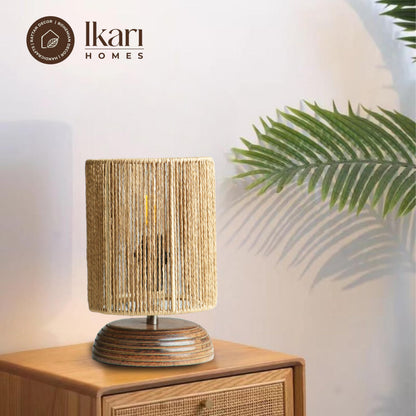 Table Lamp Boho Raffia Shade Wooden Base 21.5 x 12.9 cm Brown