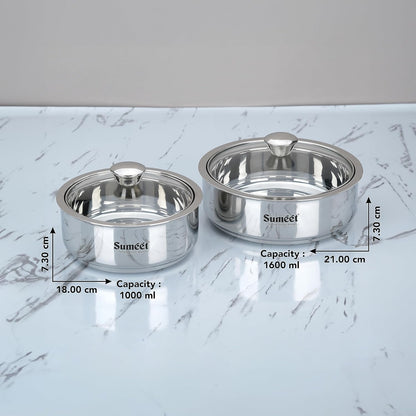 Sumeet Stainless Steel Casserole with Glass Lid | 2 Pieces - 1 Ltr & 1.6 Ltr
