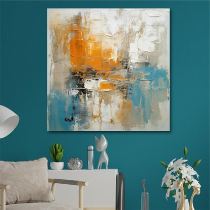 Abstract Canvas Painting with Frame - Orange and Turquoise Textured Art - 24 inch x 24 inch