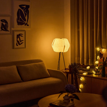 Floor Lamp Origami-Inspired Linen Shade Off-White 123 cm Tall Tripod Stand
