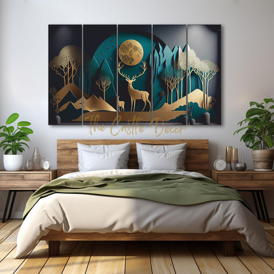 Canvas Wall Painting - Golden Deer Design - 27x48 inch - Multi-Panel Art for Living Room, Bedroom, Office