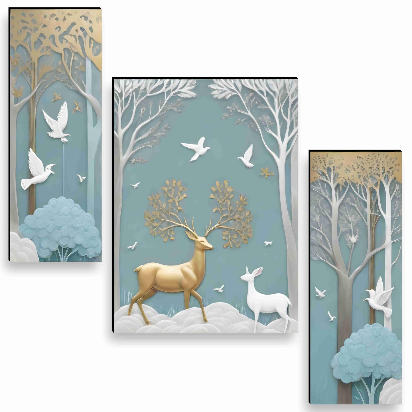 3D Modern Art Canvas Painting Set of 3 - Deer Design - 50.8 cm x 30.48 cm - Framed Wall Art for Home & Office