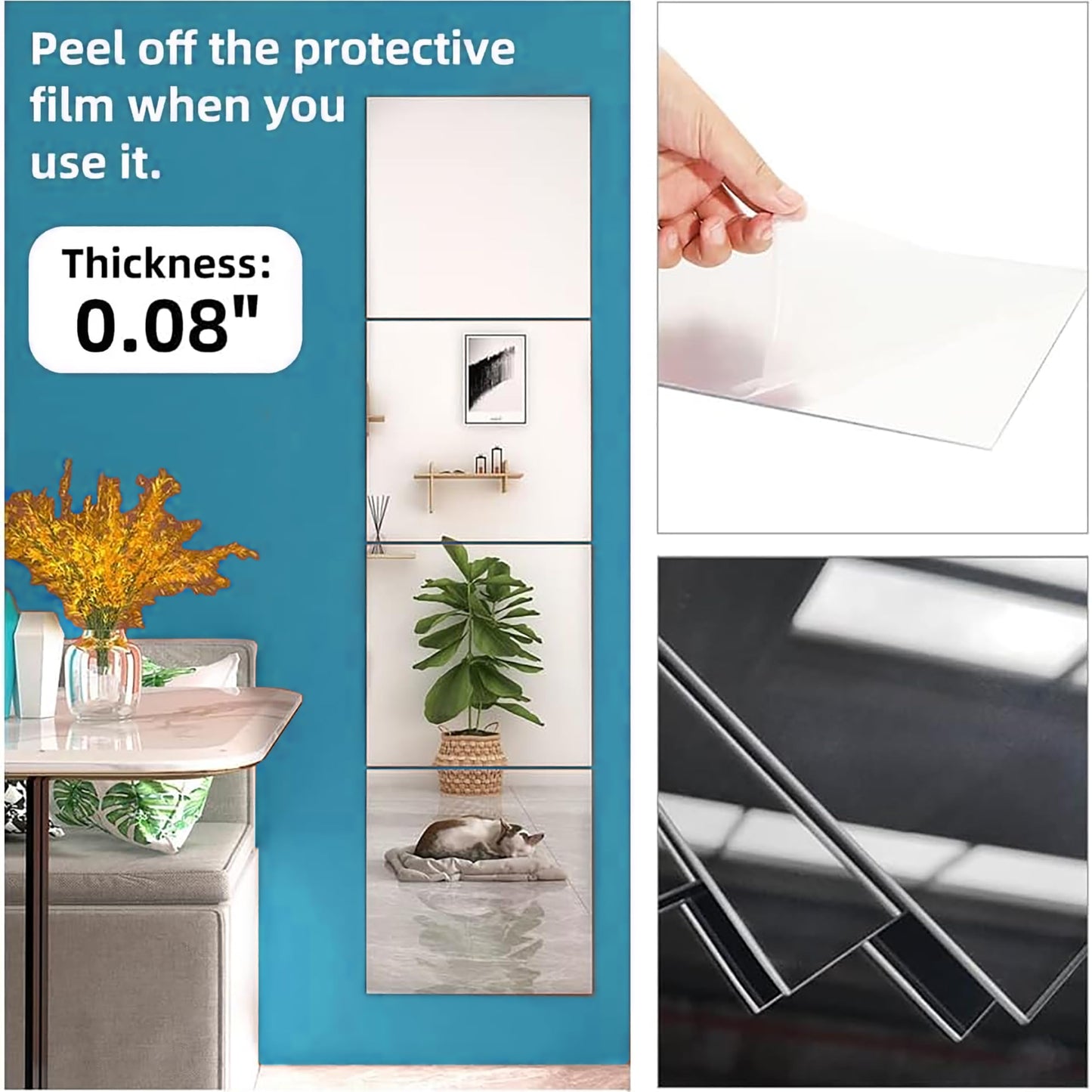 Wall Mirror Stickers Set of 30 - Acrylic Reflective Square Stickers - Silver - 15 cm x 15 cm