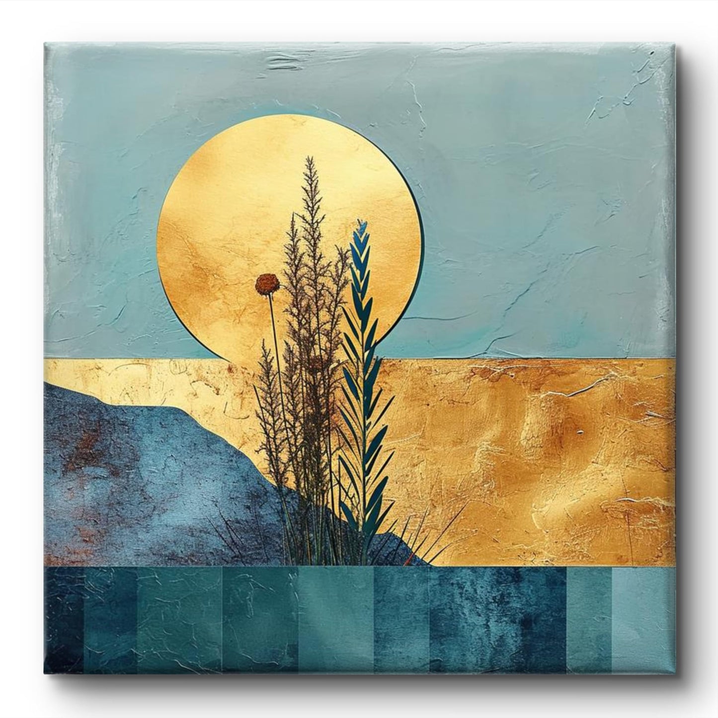 Wall Painting Abstract Landscape Teal and Gold 16 Inch x 16 Inch Canvas