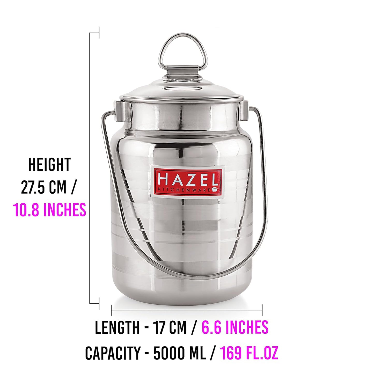 HAZEL Stainless Steel Ghee Oil Milk Container for Kitchen|Capacity of 5000 ml, Silver