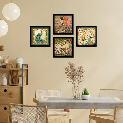 Wall Painting Set of 4 - Traditional Madhubani & Rajasthani Pichwai Art - 22cm Wooden Panels