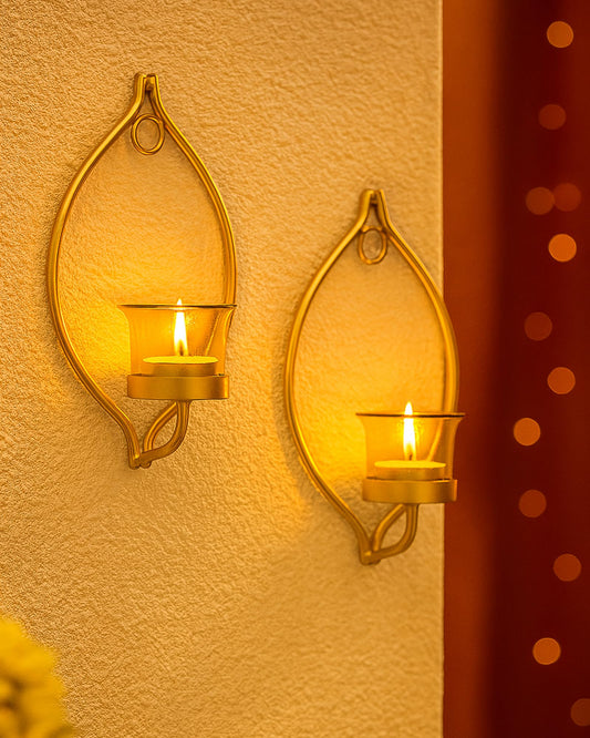 Wall Candle Sconce Set of 2 Modern Iron Holders Black with Glass 30cm