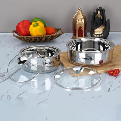 Sumeet Stainless Steel Casserole with Glass Lid | 2 Pieces - 1 Ltr & 1.6 Ltr