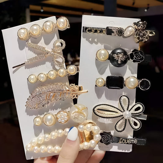 Korean Pearl Rhinestone Hair Clips, Metal Pins (11 Pack)