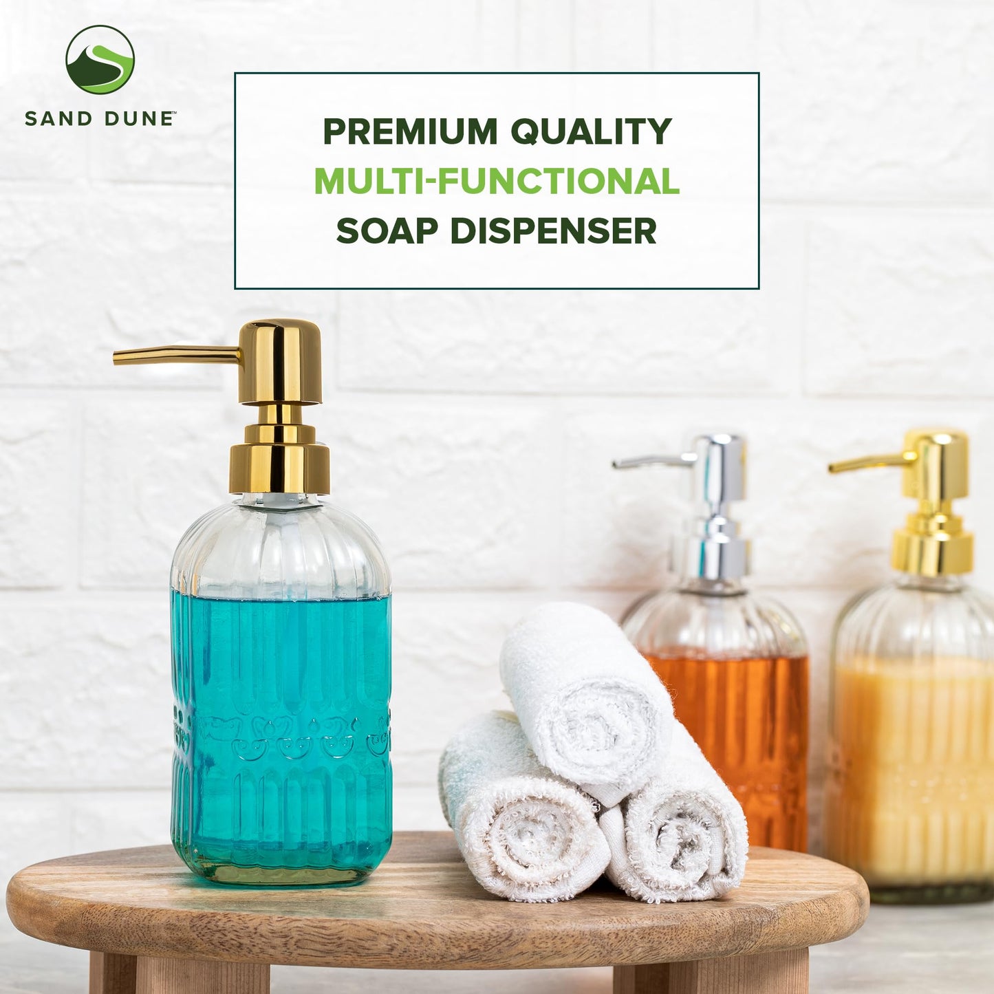 Glass Soap Dispenser with Textured Surface - 400 ml - Clear with Golden Pump